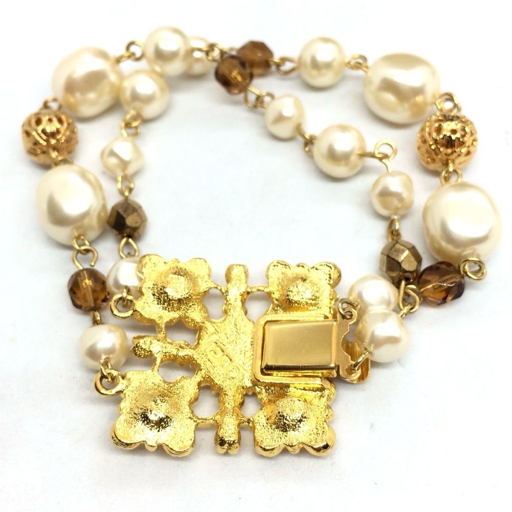 Vintage Liz Claiborne Bracelet Faux Pearl Gold Tone Beaded Ornate 80s 90s Quiet